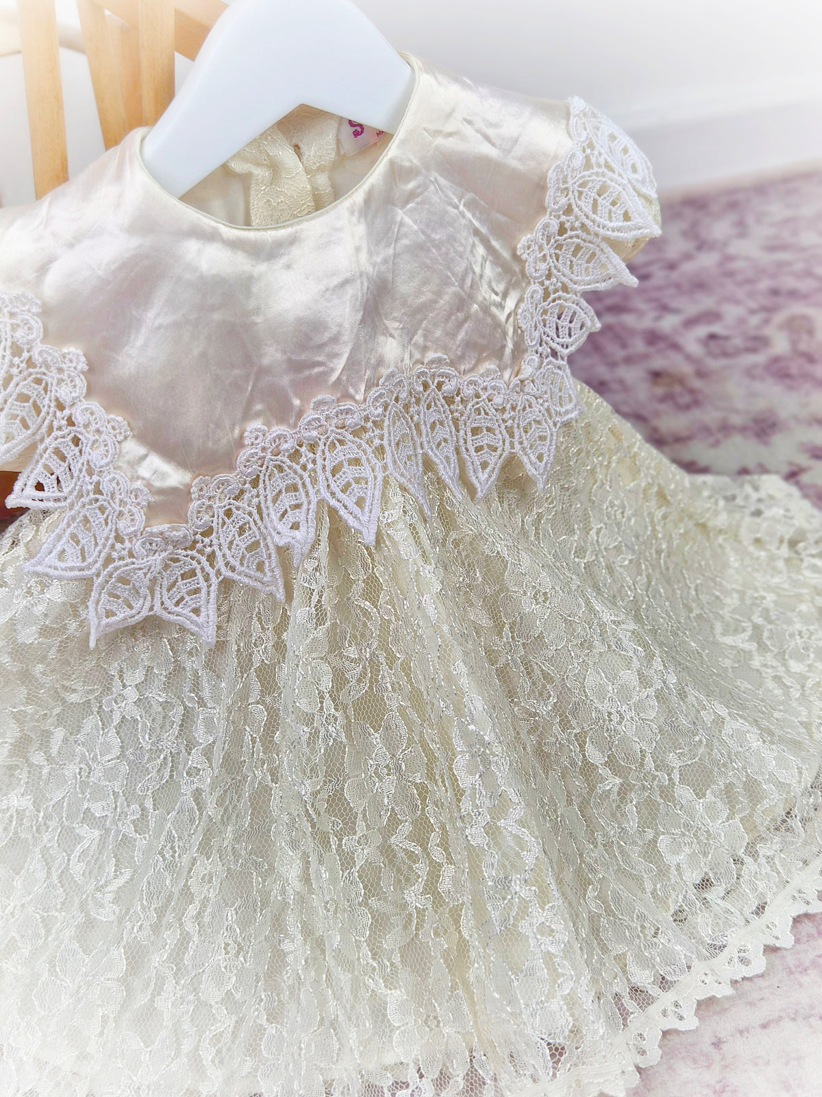 18-24 months. Cream lace and satin bib vintage dress