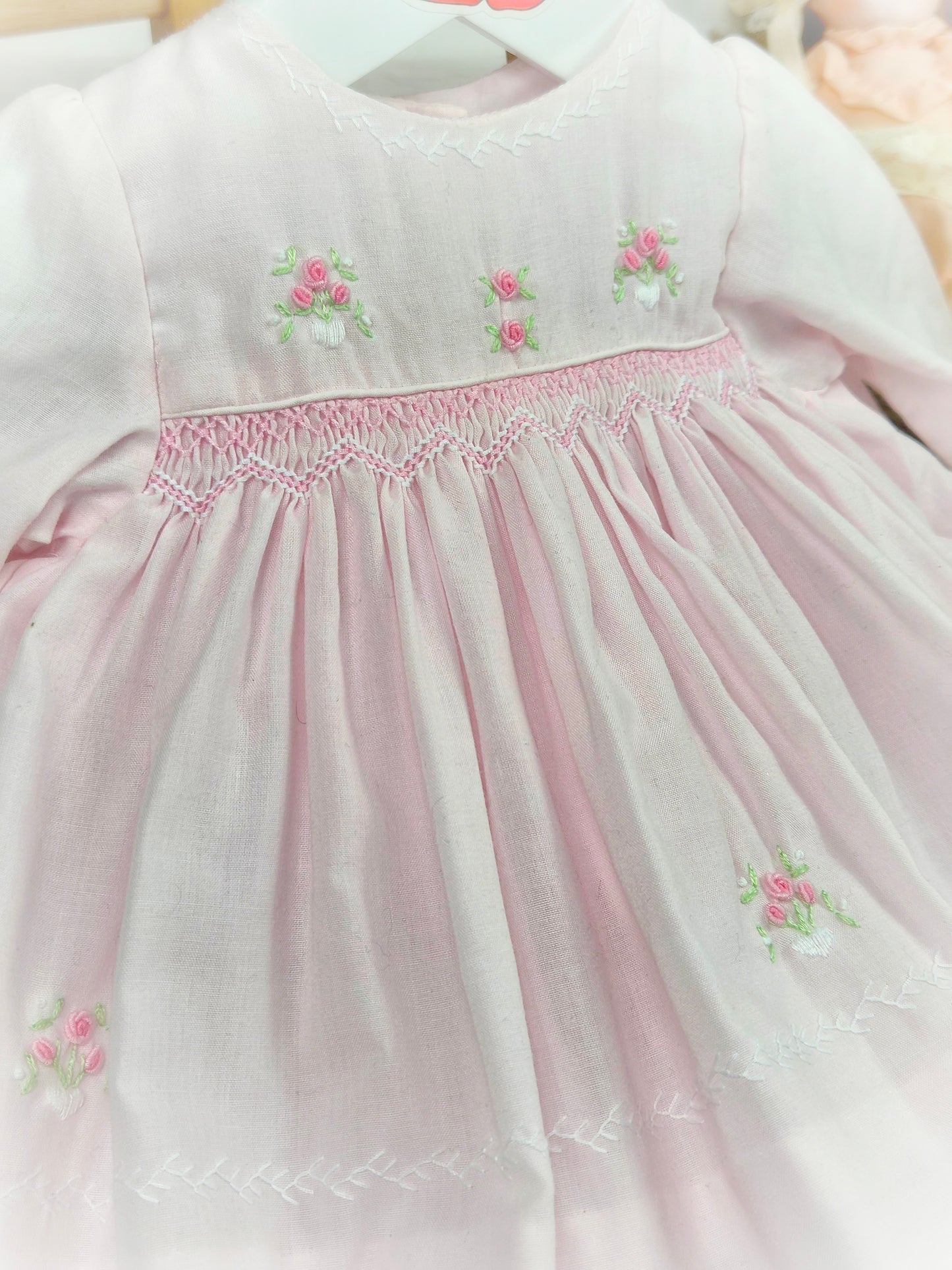 6-9 months. Pink Sarah Louise smock dress with dainty embroidered flowers