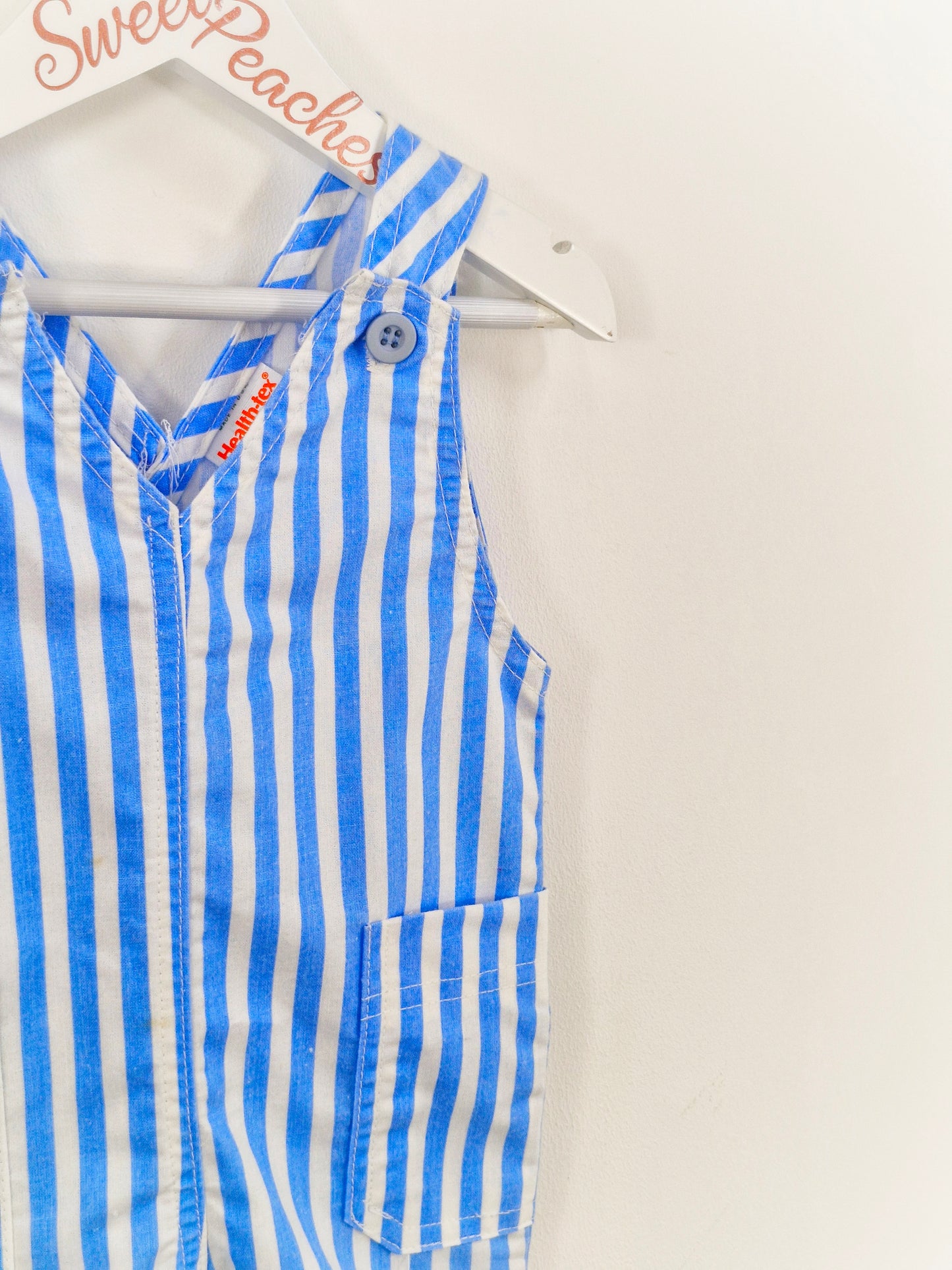12-18 months. Healthtex blue and white striped dungarees