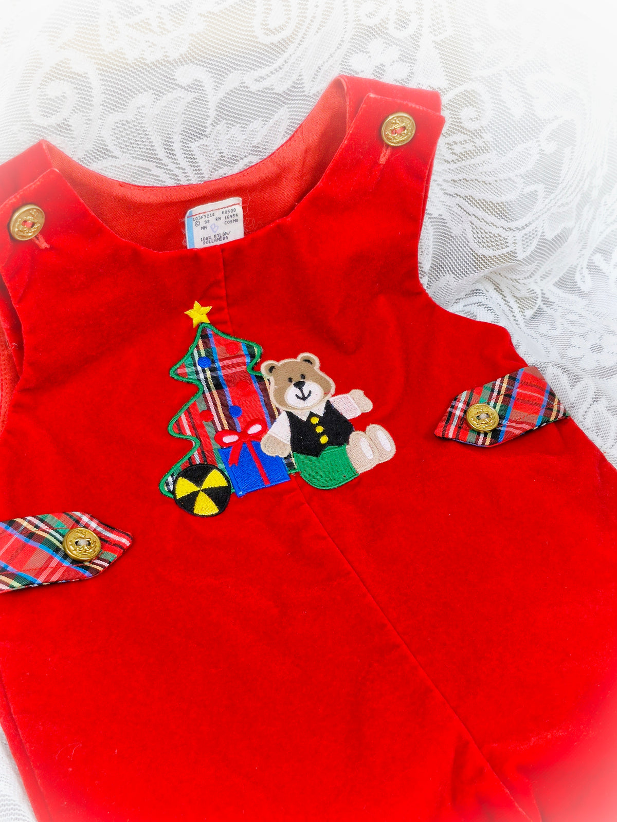 6-9 months. Red soft velvet vintage romper with Christmas bear and tartan finish
