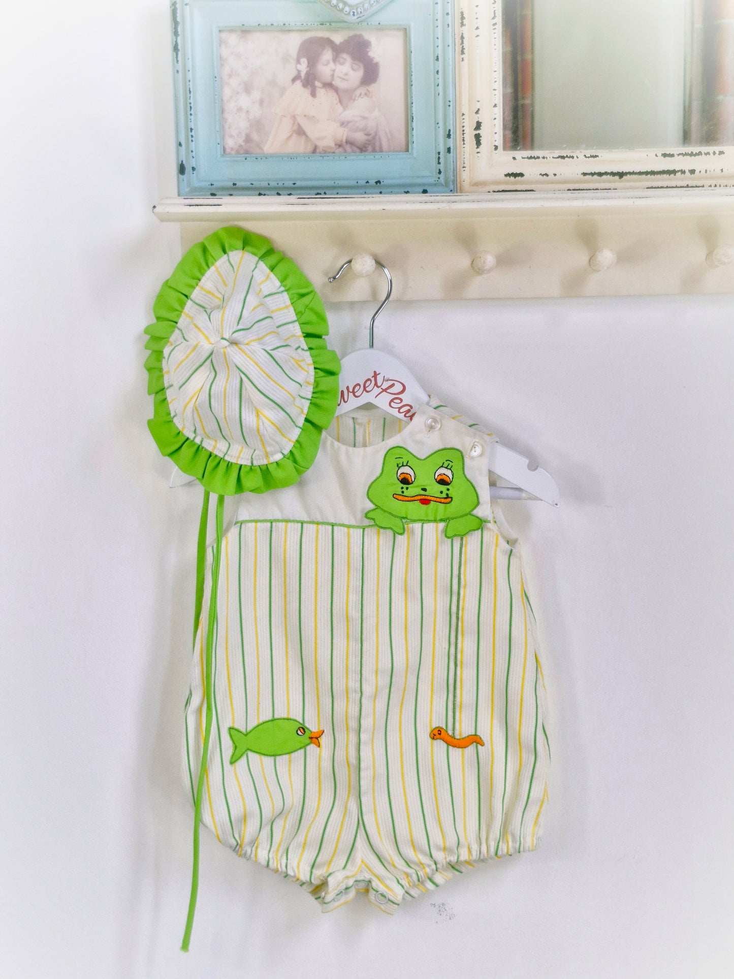 9 months. Romper and hat set, lemon and green with frog and fish details