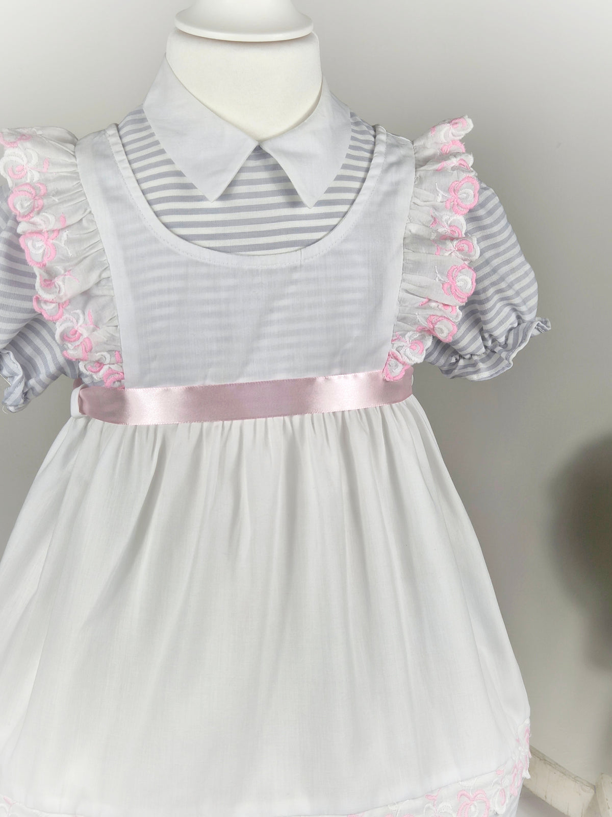 2-3 years. White vintage dress with grey stripes, pink embroidered details and satin ribbon