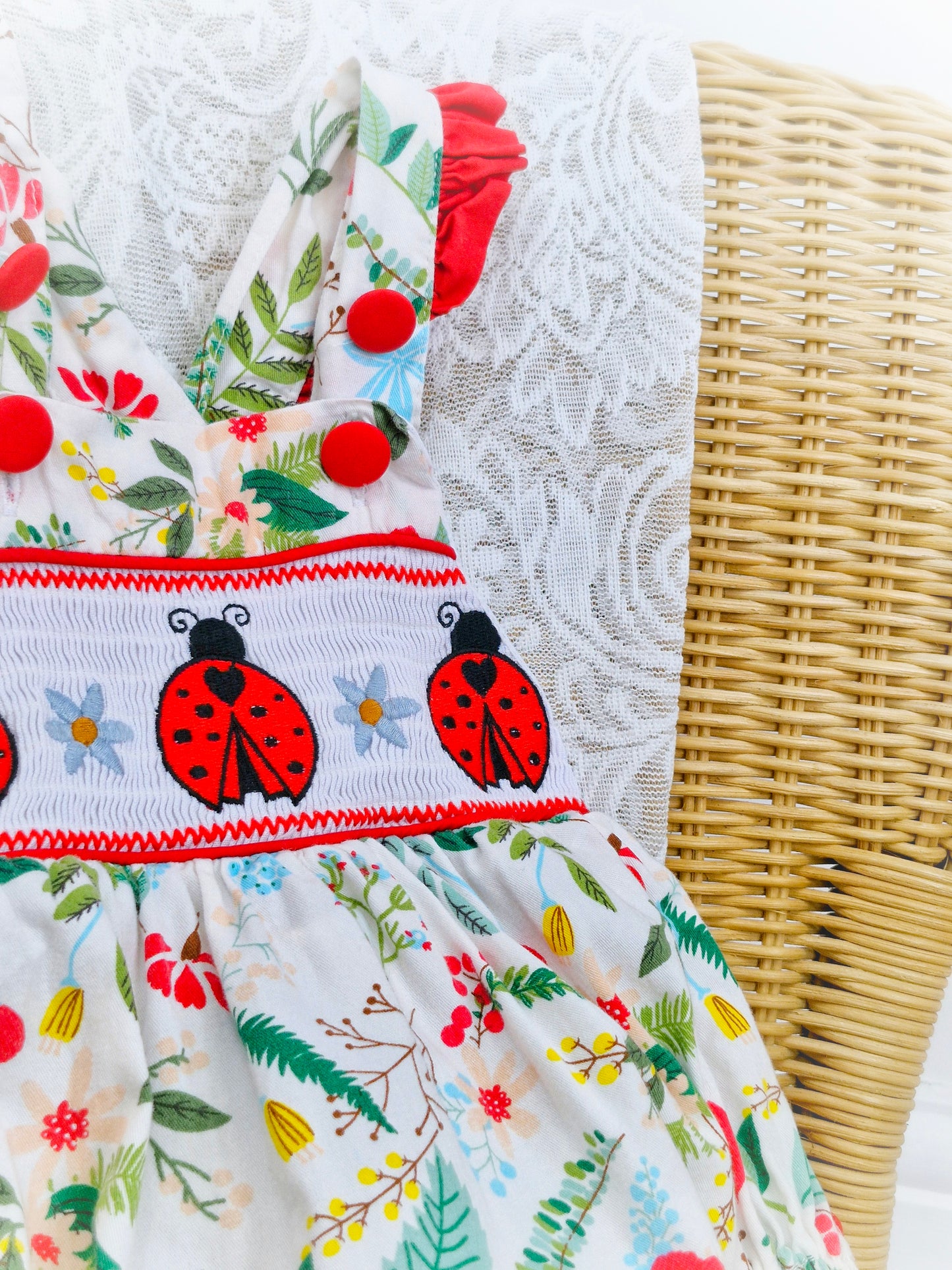 3-6 months. Vintage inspired ladybug smock romper