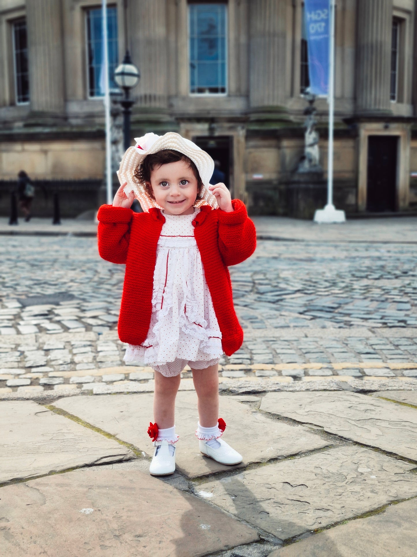 18-24 months. White dress with red polka dot and lace trim. Matching bloomers