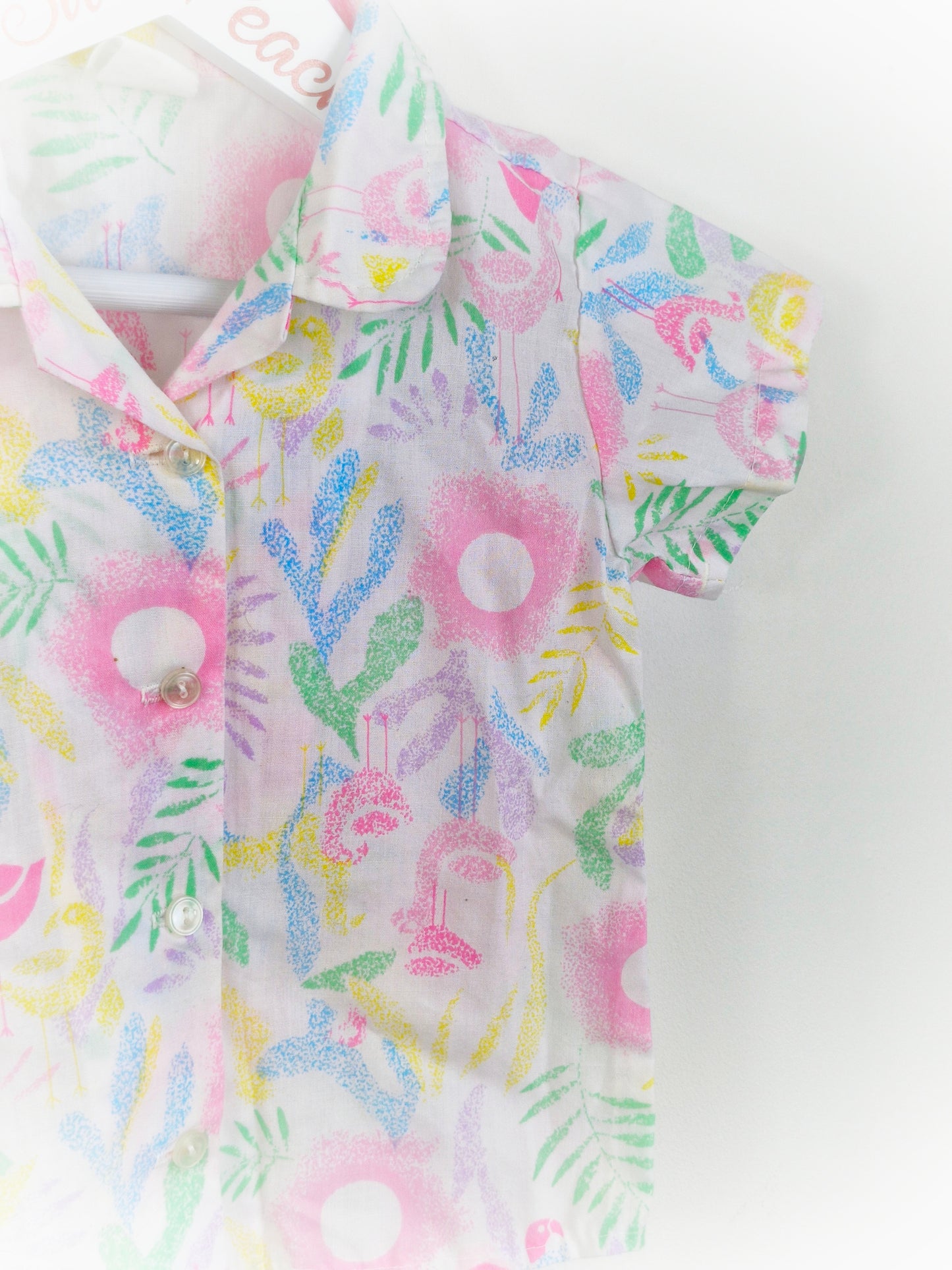 12-18 months. White button up shirt with bright flamingo patterns