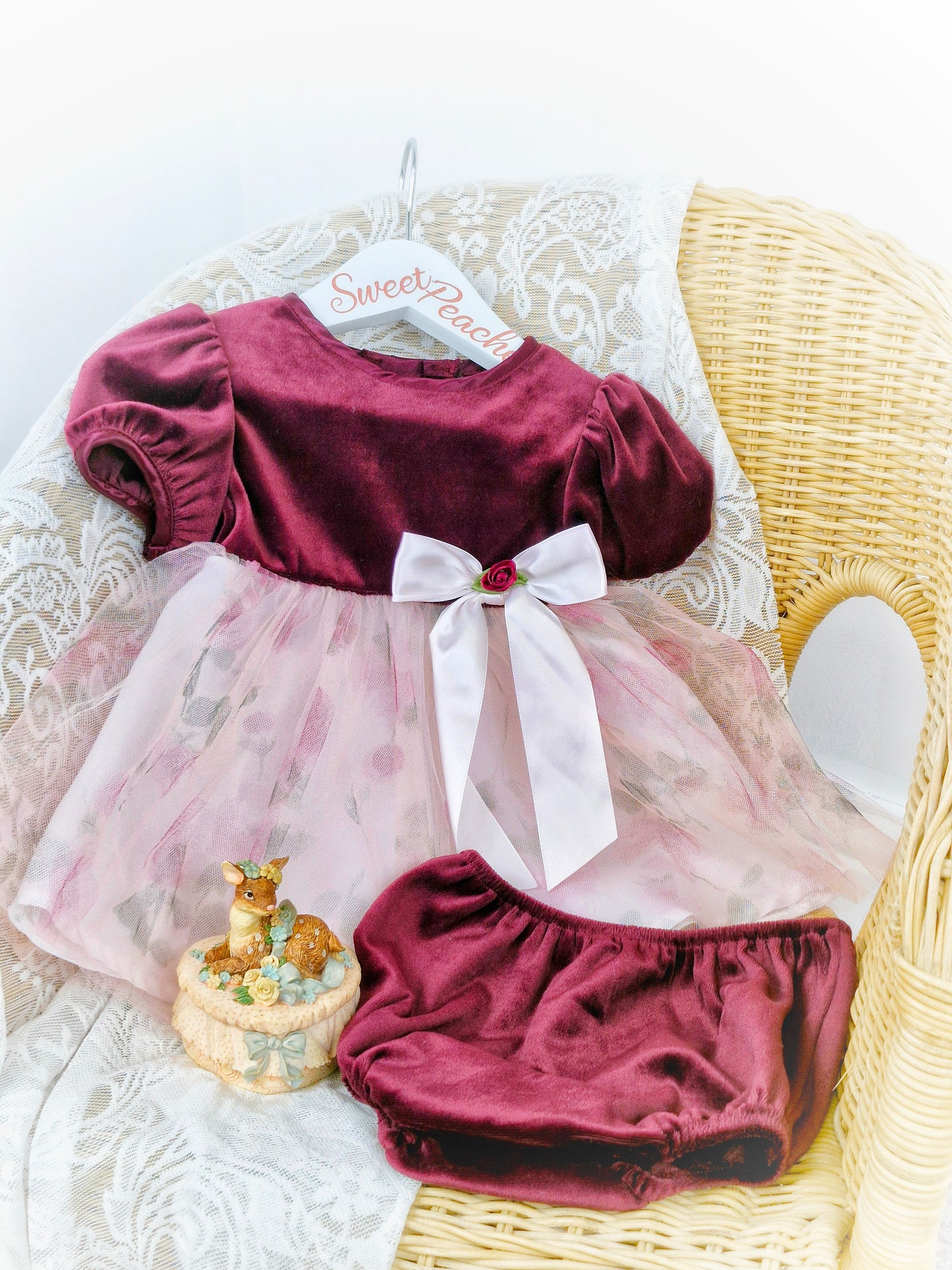 9-12/12-18 months. Two piece set, crimson velour, floral. With bloomers