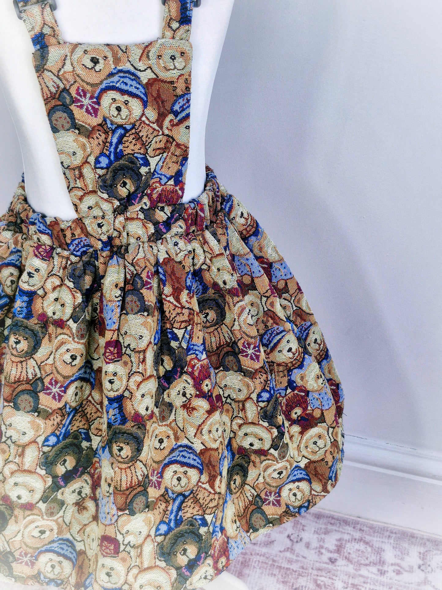 5-6 years. Vintage inspired teddy bear pinafore.