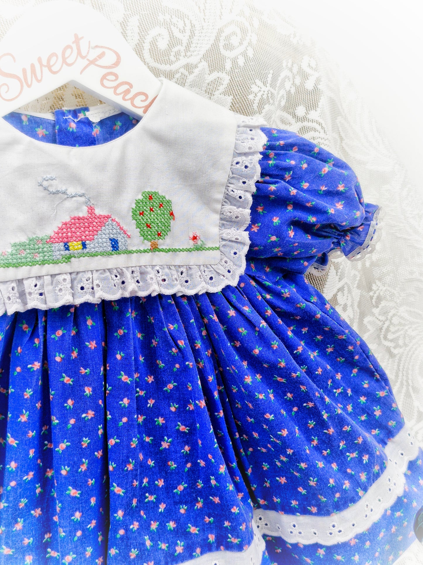9-12 months. Blue dress with floral print and white bib embroidered with a home scene