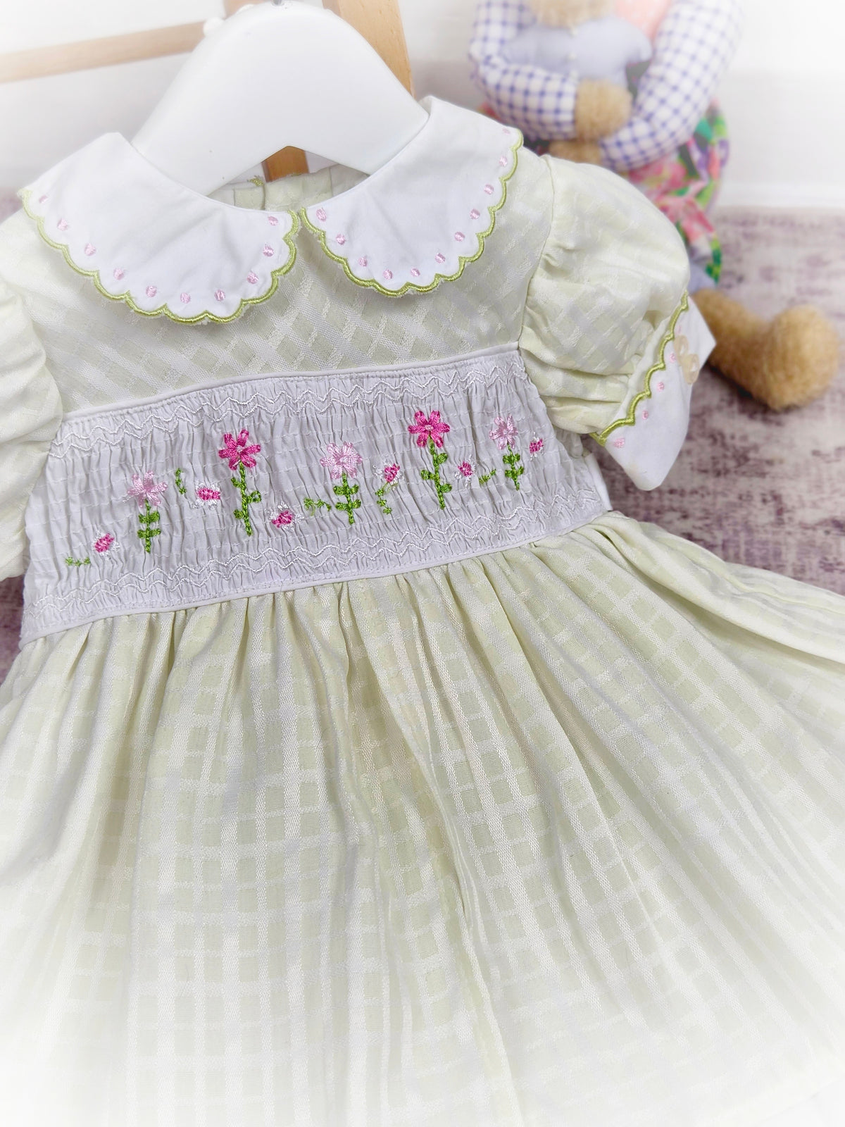 9-12 months. Lime green and white checked vintage smock dress by BT Kids with embroidered flowers