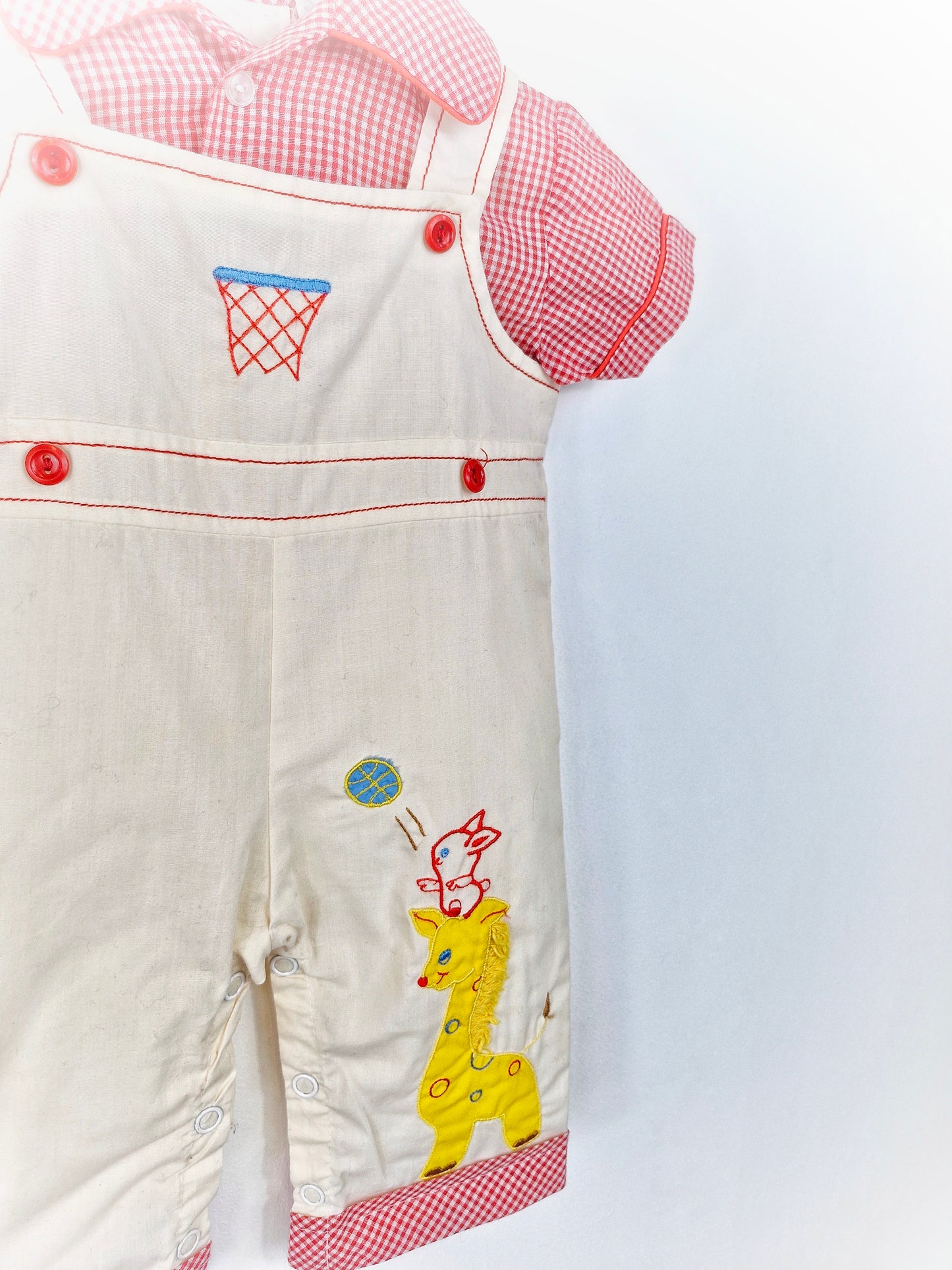 Best fit 6-9 months. Red and white checked romper with animals. Dungaree style