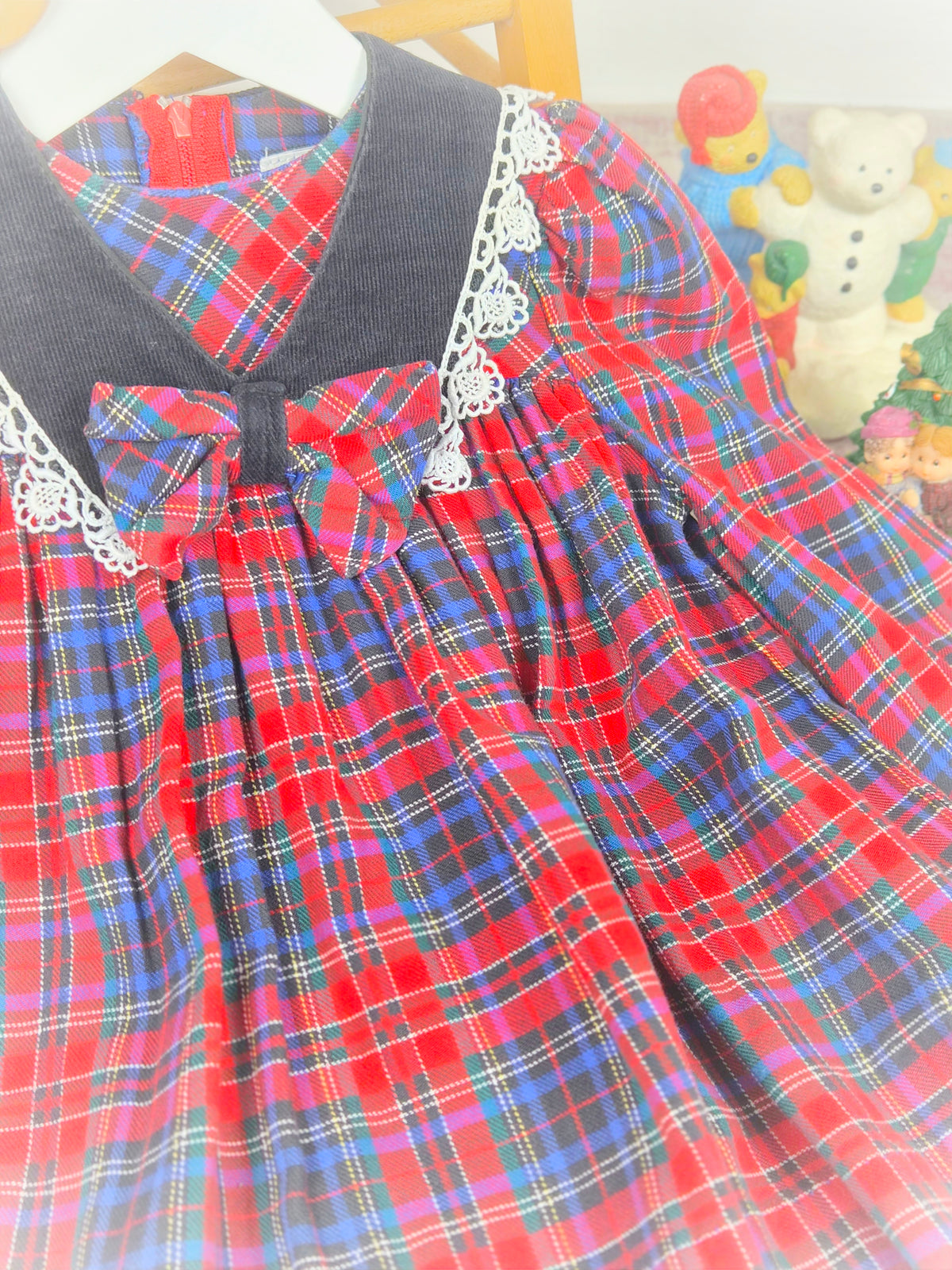2 years. Vintage tartan dress with black collar, trimmed with lace and centered bow. Ruth of Carolina