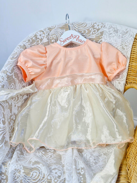 12 months. Peach and ivory taffeta dress with lovely buttons on back