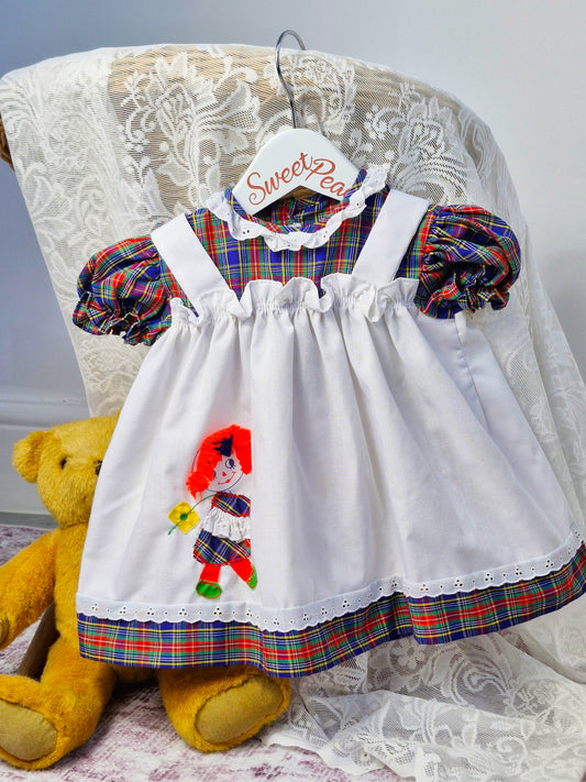 9-12 months. White and tartan raggedy Ann dress, Nanette
