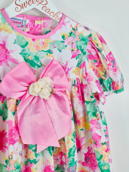 3-4 years. Bright floral Roanna dress with big bow and flower