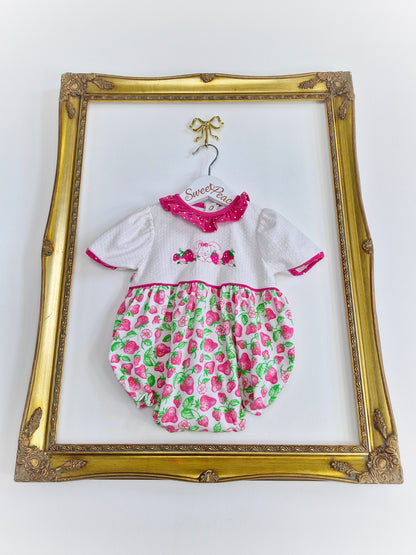 9-12 months. Healthtex romper with strawberry print, embroidered bunny and pink polka dot collar
