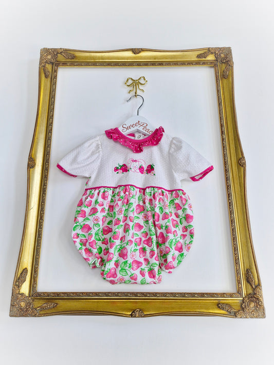 9-12 months. Healthtex romper with strawberry print, embroidered bunny and pink polka dot collar