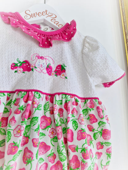 9-12 months. Healthtex romper with strawberry print, embroidered bunny and pink polka dot collar