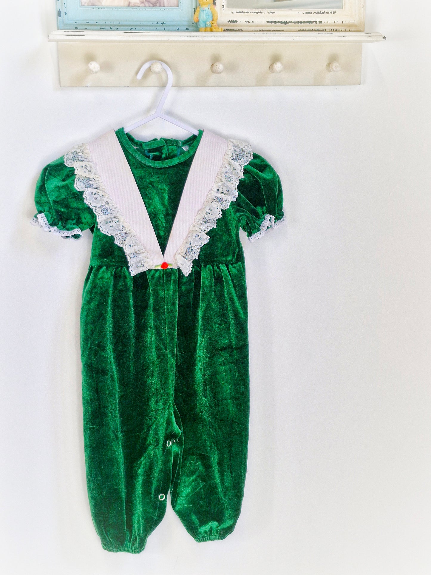18-24 months. Green velvet vintage romper from Violet Rose & Co. White frilly details
