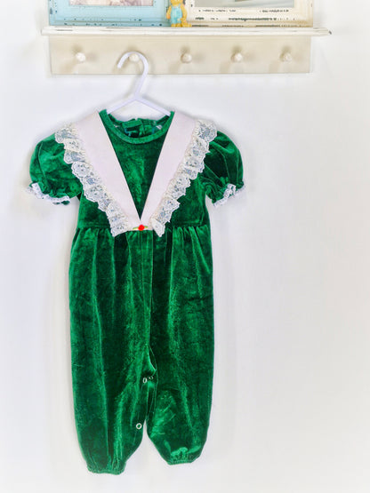 18-24 months. Green velvet vintage romper from Violet Rose & Co. White frilly details