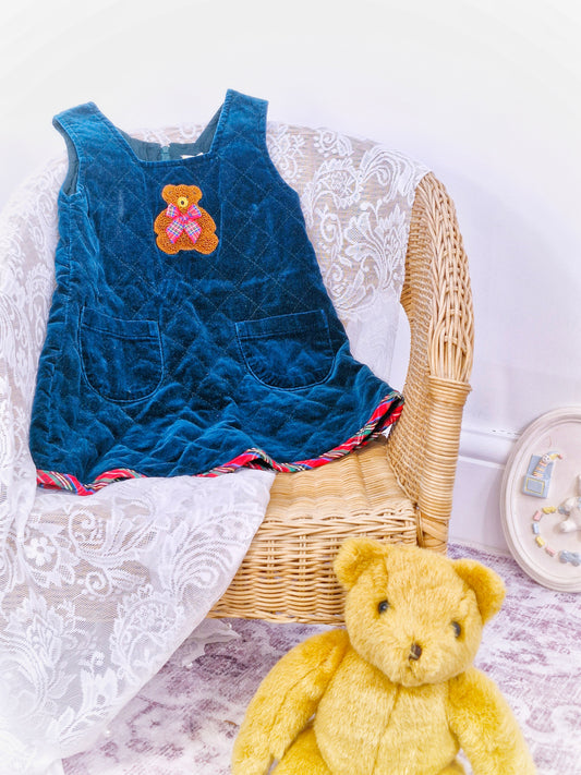 3 years. Dark green quilted dress with tartan teddy bear