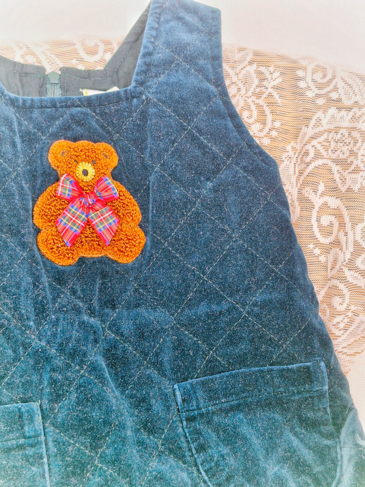 3 years. Dark green quilted dress with tartan teddy bear