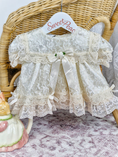 0-6 months Jolene. Off-white lace dress with ribbon