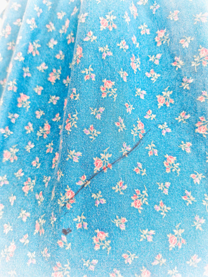 3-4 years. Blue floral Kawalla dress with attached white lace pinny