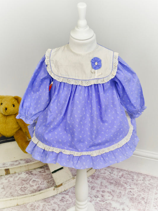 2 years. Blue Mini Togs dress with white bib and flowers