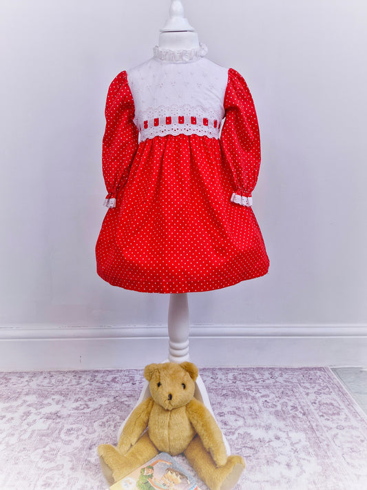 3-4 years. Red and white polka dot dress from Sears 1974