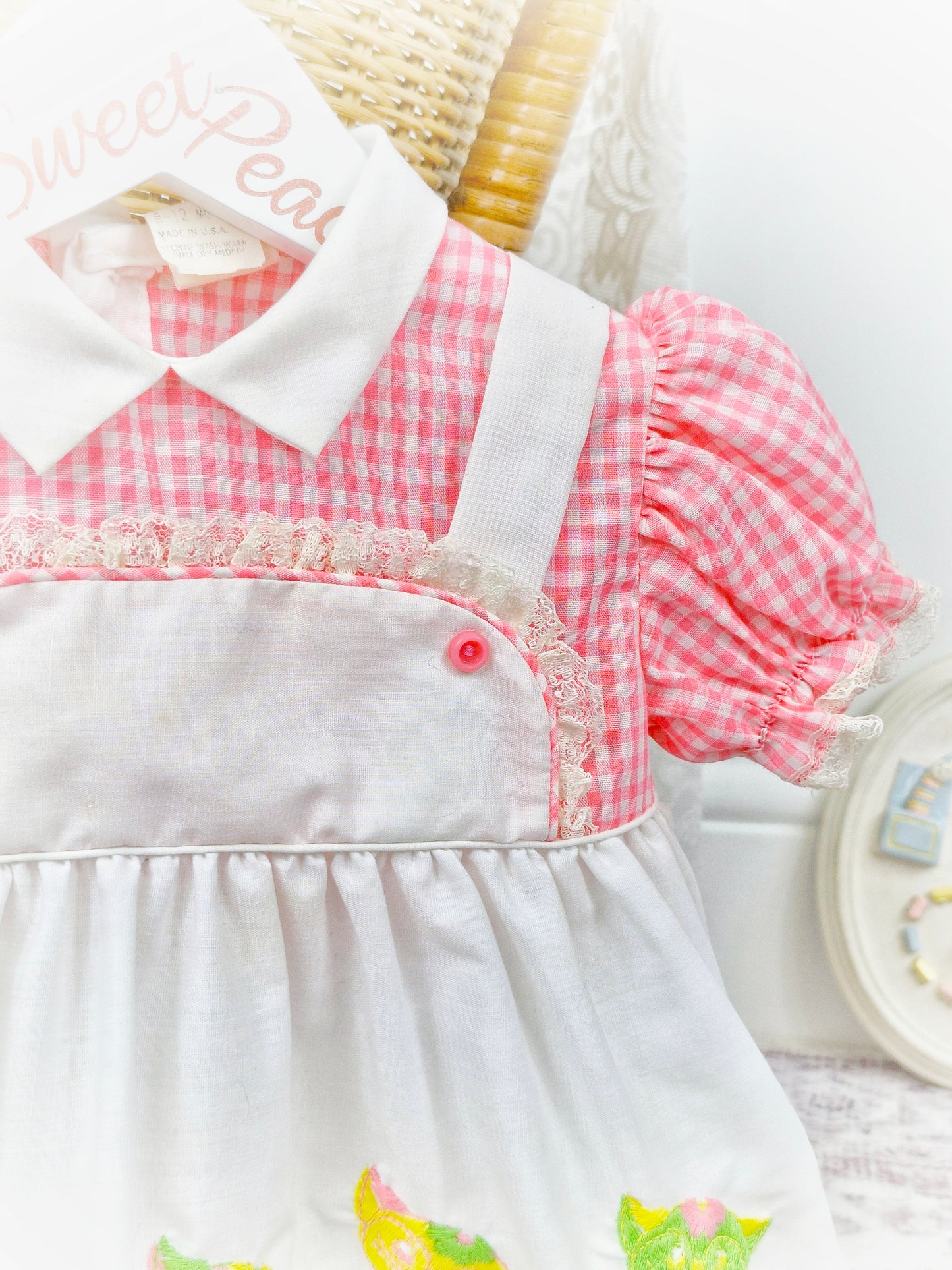 12 months. Pink and white gingham dress with mock pinny, embroidered with cats