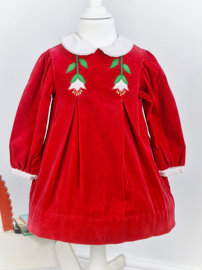 2-3 years. Red velour dress with white Peter Pan collar and embroidered flowers