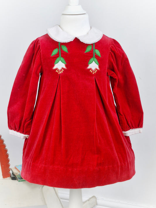 2-3 years. Red velour dress with white Peter Pan collar and embroidered flowers