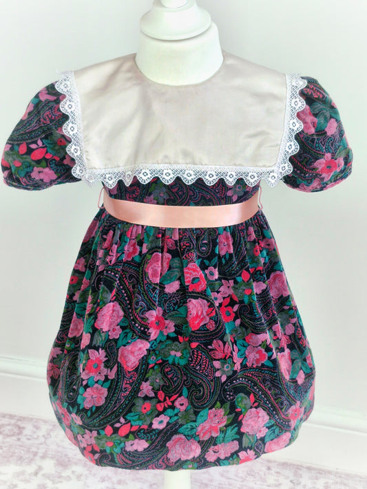 3 years. Black velour floral vintage dress from JoJoe with satin bib
