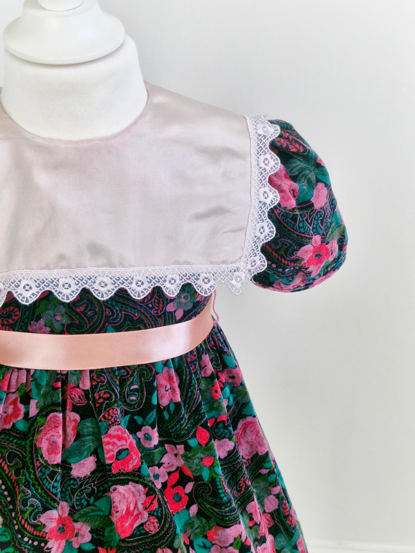 3 years. Black velour floral vintage dress from JoJoe with satin bib