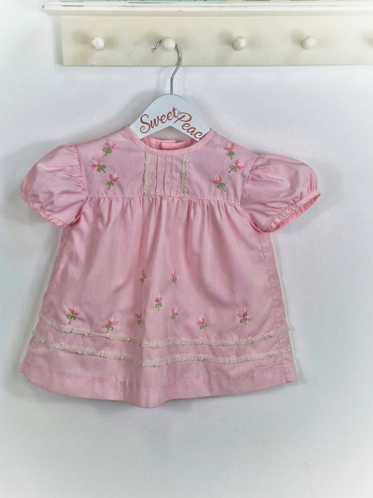 9-12 months. Pink Adams dress with embroidered flowers