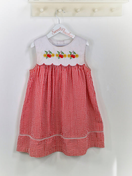 5 years. Red and white vintage gingham dress with white embroidered cherries and flowers. Read description*