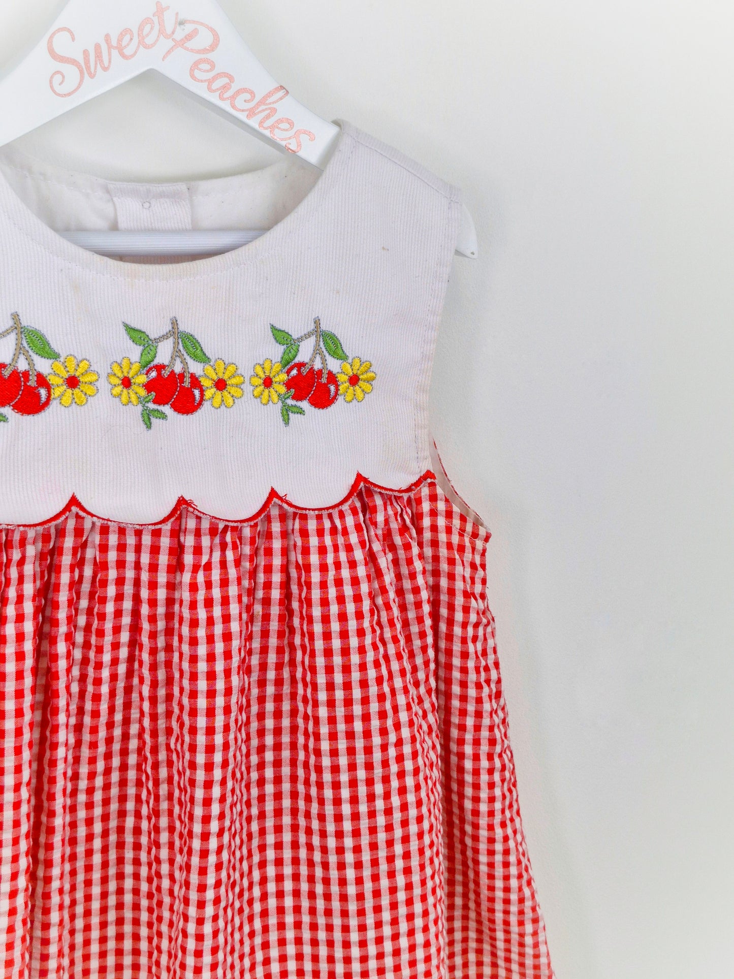 5 years. Red and white vintage gingham dress with white embroidered cherries and flowers. Read description*