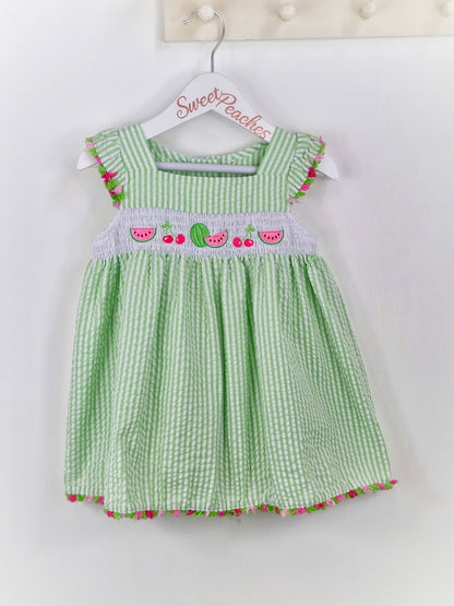 2 years. Vintage inspired Goodlad green and white seersucker striped dress with fruit smock