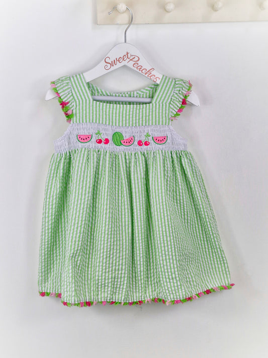 2 years. Vintage inspired Goodlad green and white seersucker striped dress with fruit smock