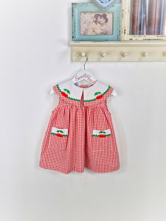 2 years. Red and white gingham seersucker vintage Samara with cherry applique