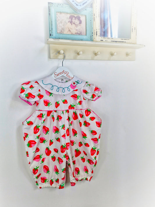 18-24 months. White vintage romper with strawberry print and embroidered collar