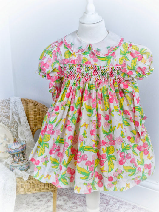 3-4 years. Vintage Allison Ann smock dress with embroidered cherries on collar and cherry print