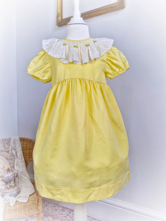 5 years. Vintage Lemon dress with smocked, embroidered details on collar