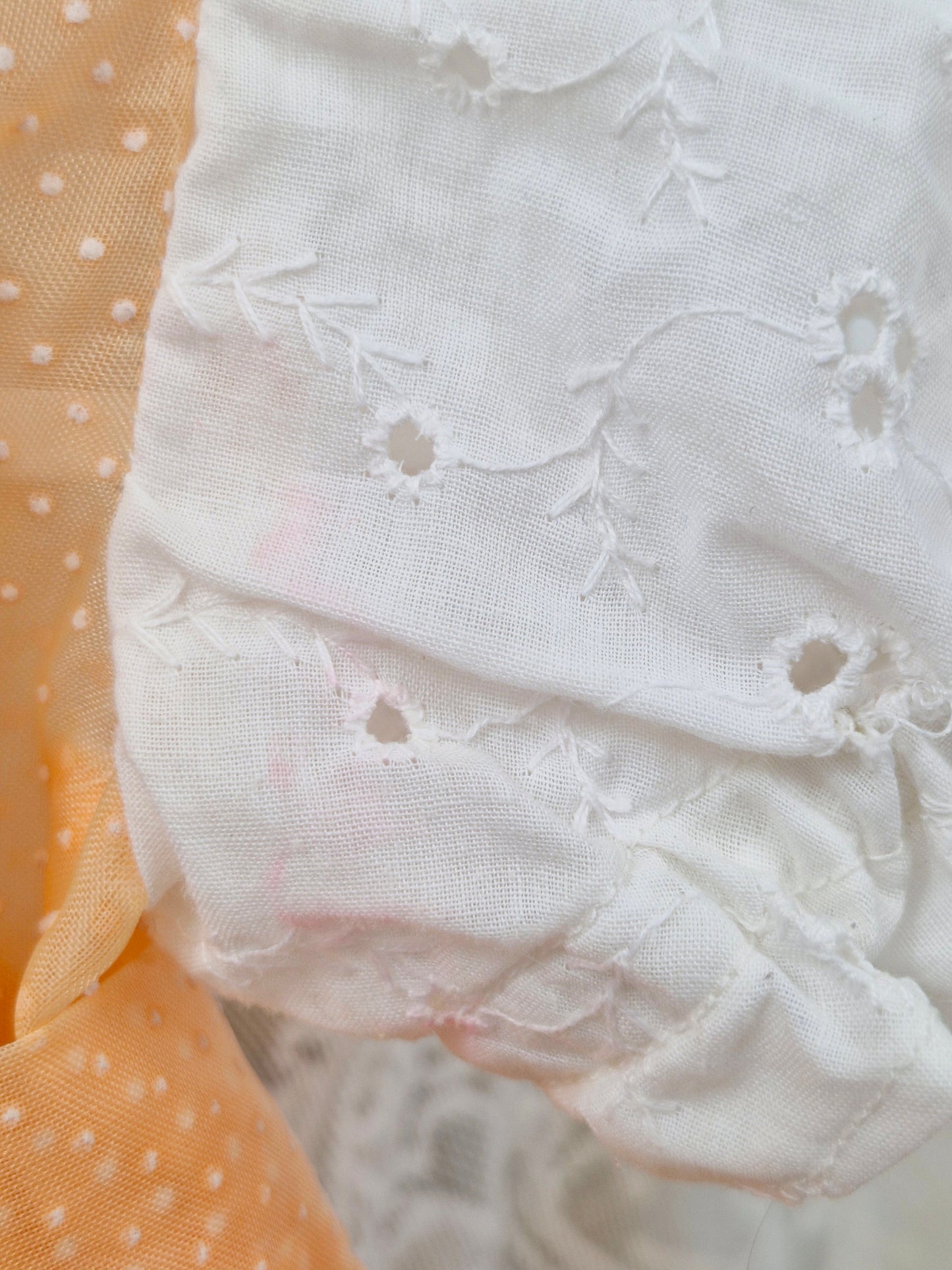 12-18 months. Handmade peach polka dot sheer dress with broderie anglais sleeves, bib and collar