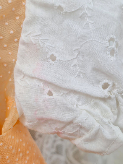 12-18 months. Handmade peach polka dot sheer dress with broderie anglais sleeves, bib and collar