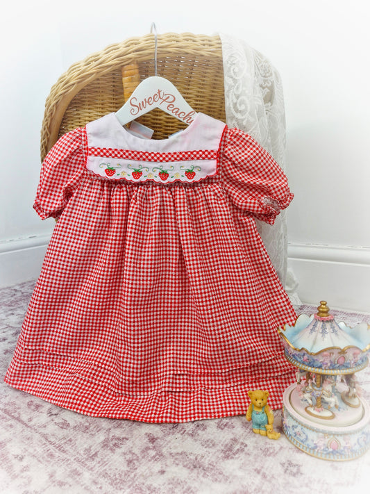 2-3 years. BT Kids vintage gingham dress with embroidered strawberries on bib. Some faults*