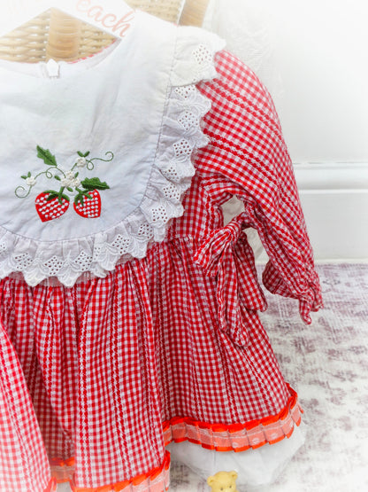 18-24 months. Vintage inspired red and white gingham dress with embroidered strawberries