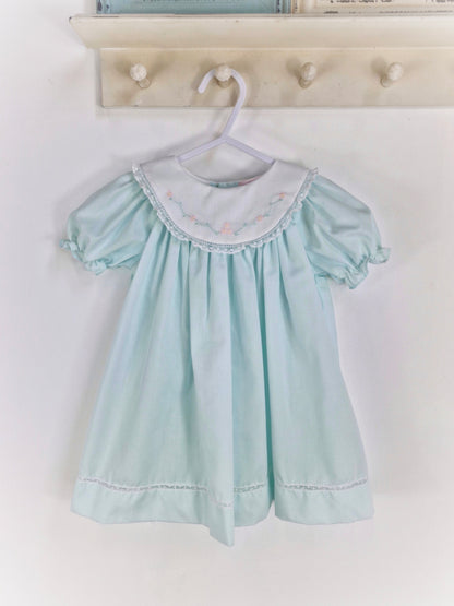 12 months. Petit Ami vintage inspired mint dress with white embroidered bib