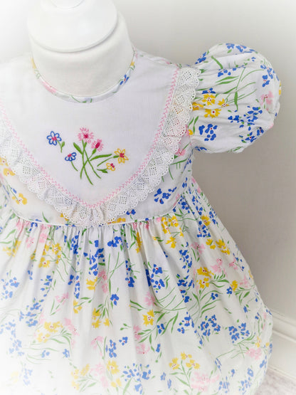 2 years. White floral vintage dress with embroidered bib