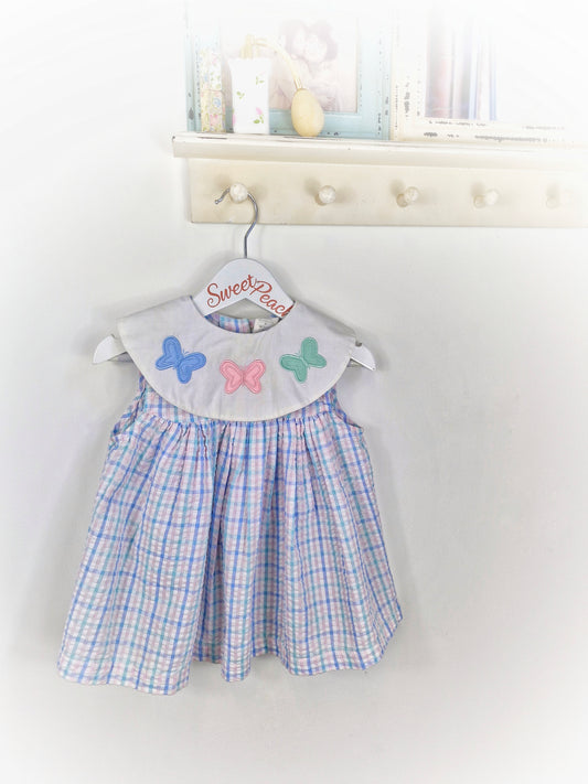 18-24 months. Pastel, checked, seersucker butterfly vintage dress